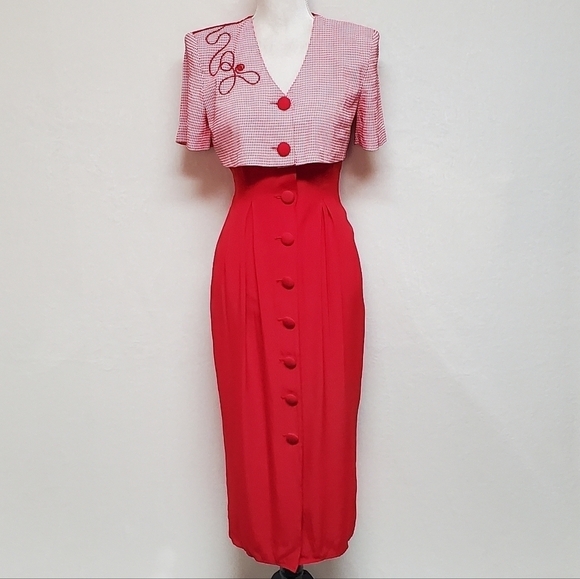 𝅺BRIOCHE 80s Vintage Red Gingham Plaid Cropped Jacket Tie Pleated Wiggle Dress - Picture 4 of 16